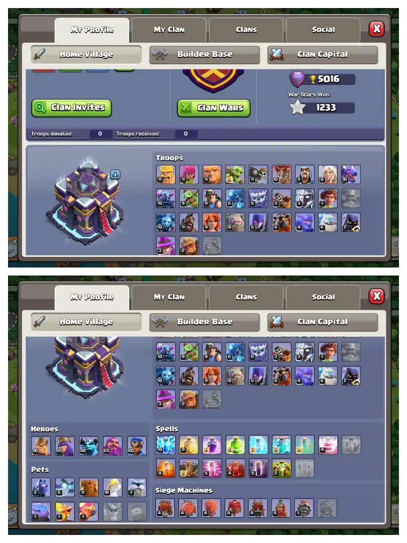 HEROS 90-90-48-65-50 ⚡ TH 15 MAX ACCOUNT ⚡ PURPLE WALL 🔥 SUPER LEVEL EPIC EQUIPMENT ✔️ MAX DEF+LAB ⚡ EVERY SIDE ALMOST MAX 🔥 BEST OFFER