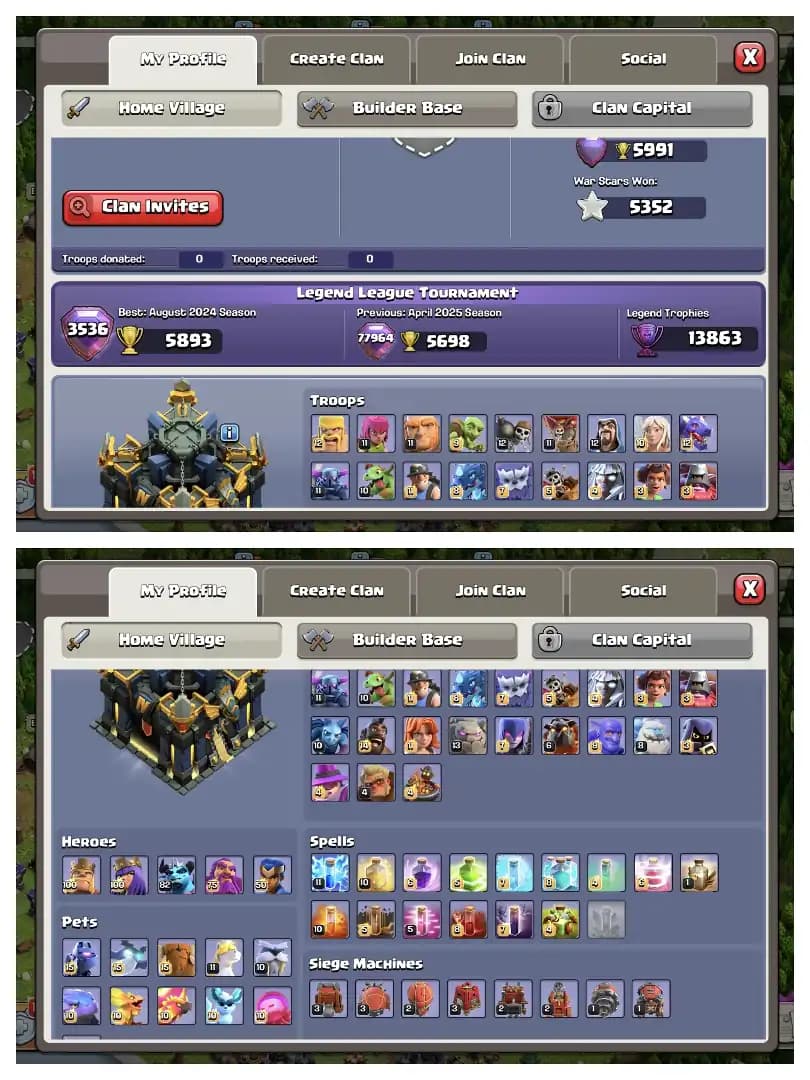 5350 WAR STAR 🔥 HEROS 100-100-82-75-50 ⚡ 5 EPIC MAX ✔️ ALL EPIC HIGH LEVEL 🔥 TH 17 MAX ACCOUNT ⚡ HIGH WALL+DEF ✔️ LAB AWASOME ⚡ HUGE COLLECTION 🔥 BEST OFFER