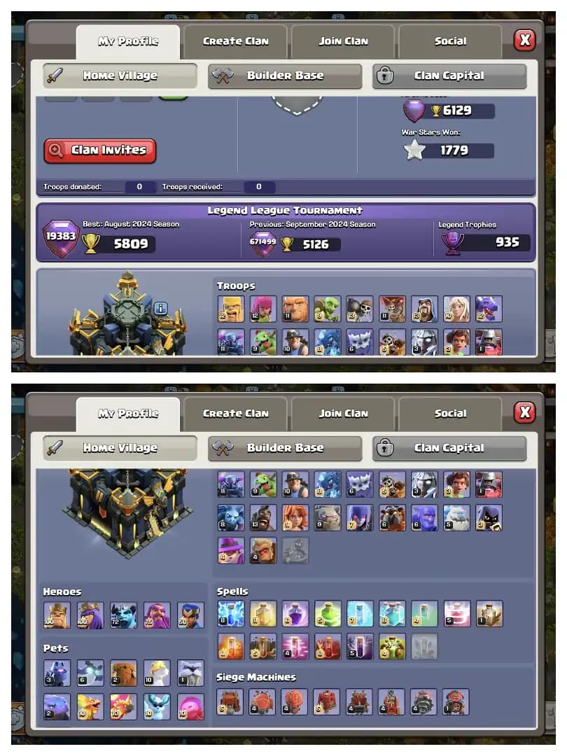 HEROS 100-100-72-75-50 🔥   TH 17 MAX ACCOUNT 🔥 HIGH EPIC EQUIPMENT ✔️ SCENERY AVAILABLE ⚡ HERO SKIN ✔️ ALL SIDE HIGH LEVEL 🔥 PERFECT DEAL