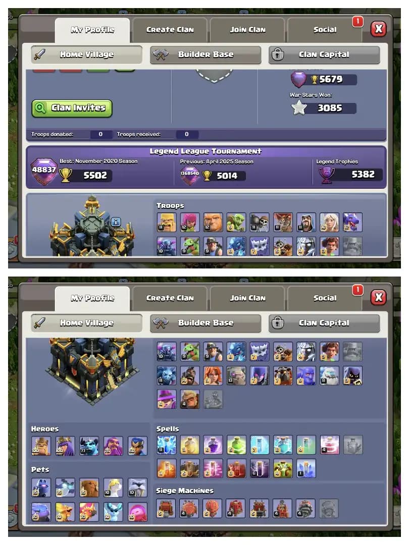 HIGH XP-283 🔥 TH 17 MAX 🔥 HEROS 100-100-77-75-50 ✔️ HIGH DEF+LAB 🔥 WALL ALSO HIGH 👌 EVERY SIDE HIGH ✔️ SUPER ACCOUNT ✔️ BEST OFFER