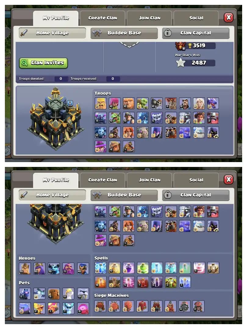 HEROS 95-96-81-71-45 🔥 TH 17 ALMOST MAX ACCOUNT 👌 XP-240 ✔️ HIGH EPIC EQUIPMENT 🔥 BUILDER BASE 100 MAX 🔥 PURPLE WALL ✔️ HIGH DEFENCE 🔥 EVERY SIDE PERFECT 👌 BEST DEAL