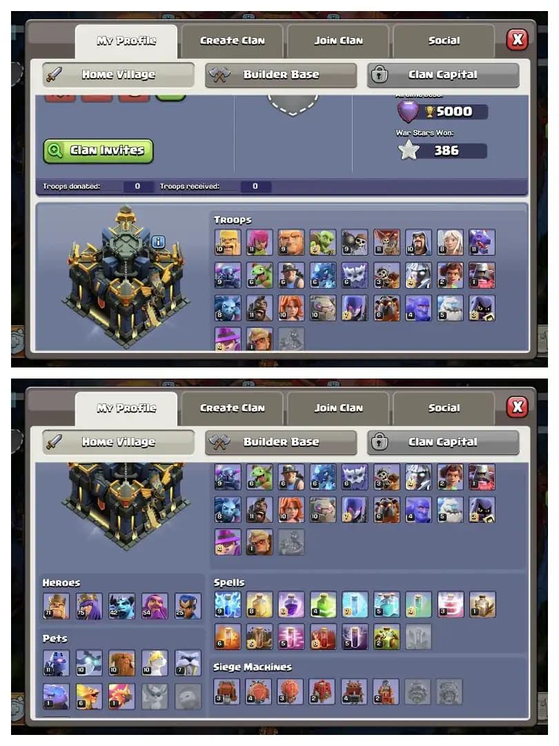 BEST DEAL 😱 TH 17 SUPER QUALITY ACCOUNT 🫶 FOOTBALL SCENERY ❗ GOLDEN+PURPLE WALL ⚡ HEROS 71-75-42-54-25 👈 6 BUILDER ❗ EVERY SIDE SUPER QUALITY 🚀 BEST DEAL