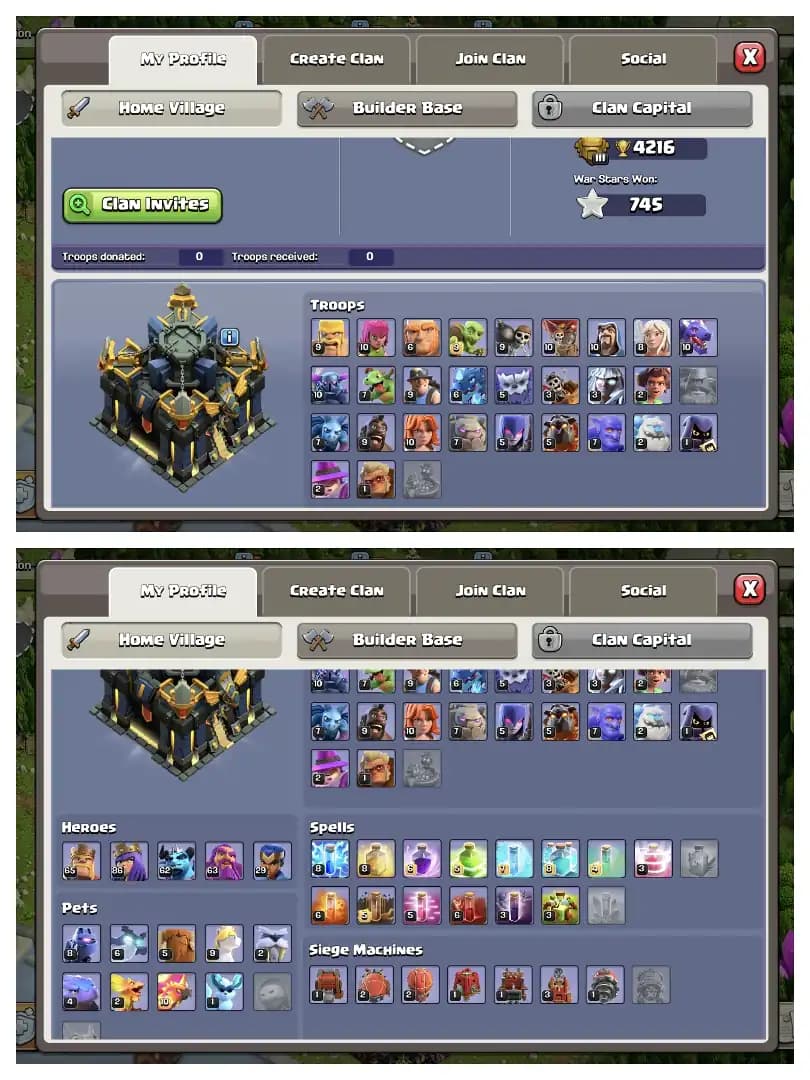 AMAZING OFFER ⚡ TH 17 GOOD QUALITY ACCOUNT ✔️ GOLDEN+BLUE WALL ⚡ 6 BUILDER 🚀 EPIC EQUIPMENT ⚡ HERO 65-86-62-63-29 ✔️ HIGH DEF+LAB 🫶 EVERY SIDE NICE 🚀 BEST DEAL