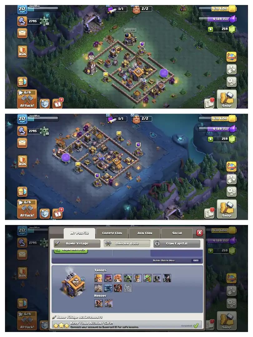 HEROS 90-91-61-62-40 🔥 TH 17 SUPER ACCOUNT ⚡ GOOD EPIC EQUIPMENT ✔️ PURPLE WALL ⚡ HIGH DEF+TROOPS 🔥 GOOD COLLECTION ✔️ EVERY SIDE PERFECT 🚀 BEST DEAL