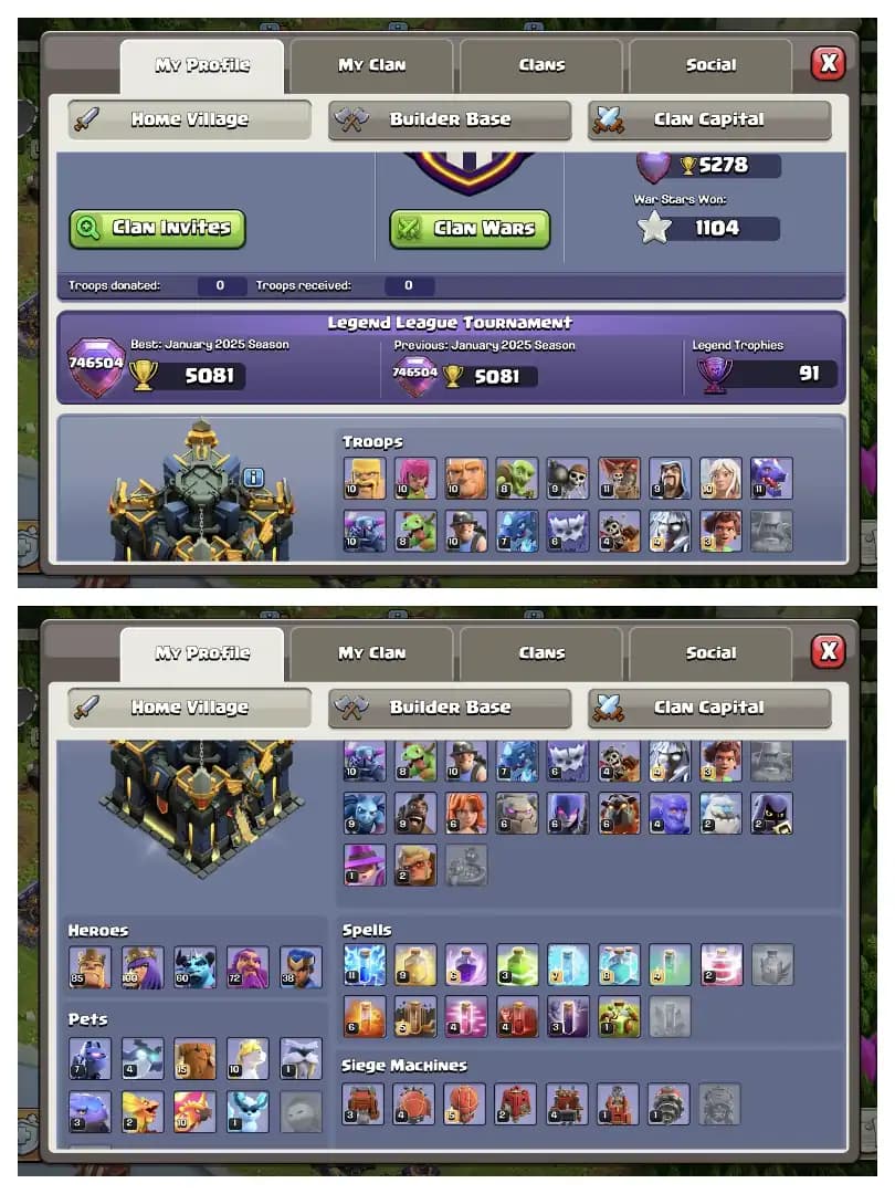 FANTASTIC OFFER 🔥 TH 17 ALMOST MAX ACCOUNT ⚡ PURPLE WALL 🚀 EPIC EQUIPMENT 🔥 HEROS 85-100-60-72-38 ✔️ HIGH DEF+LAB 🛎️ EVERY SIDE NICE ⚡ BEST DEAL
