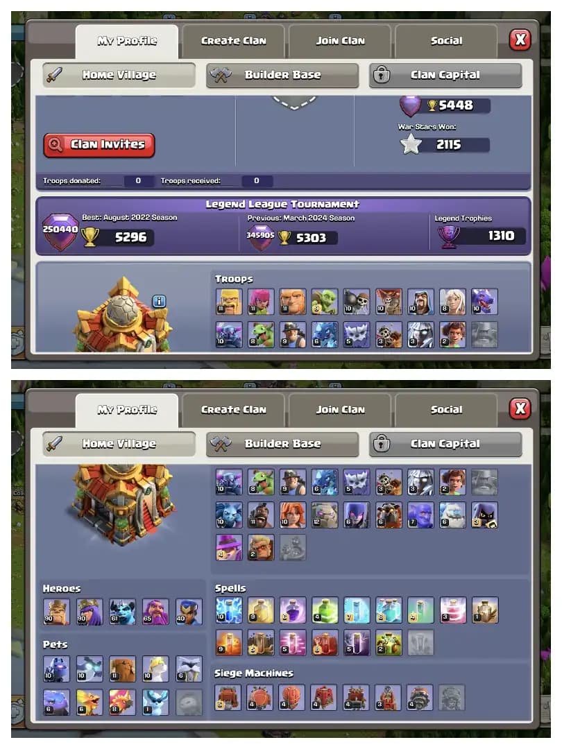 SUPER OFFER 🚀 TH 16 ALMOST MAX ACCOUNT ✔️ XP-234 ⚡ HEROS 90-90-61-65-40 🚀 EQUIPMENT AVAILABLE ✔️ HIGH DEF+LAB 🚀 EVERY SIDE PERFECT ✔️ BEST OFFER