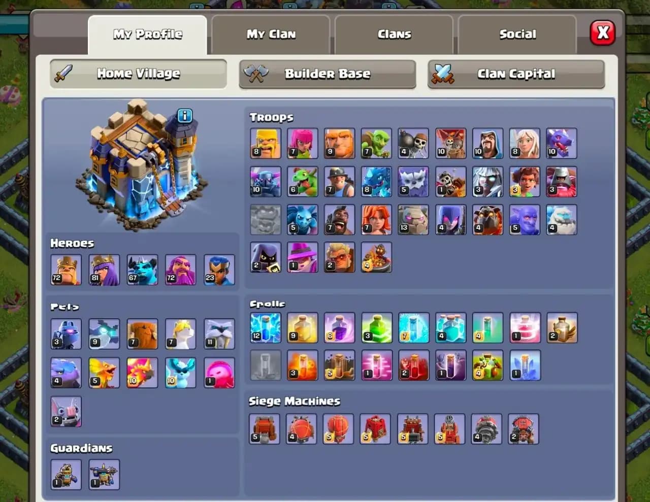 Clash Of clans , Th 18 , 10030 Gems , 6 Epic Equipments , NC free ,107 CWL Medals , Magic items , Many Decorations , BH 10 Full Max