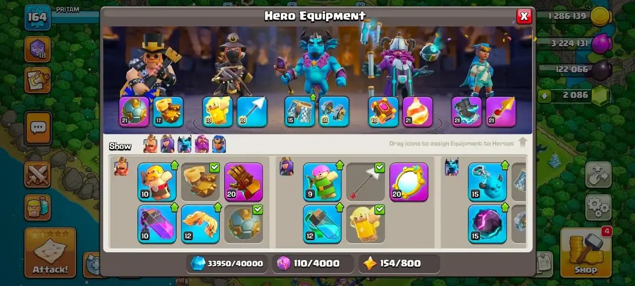 Th 16 , 6 Epic Equipments , 7 Hero's Skin  , NC - 500  ,619 CWL Medals , Magic items