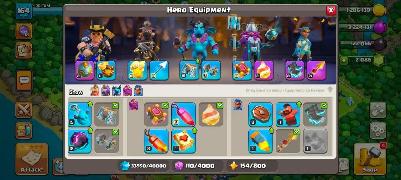 Th 16 , 6 Epic Equipments , 7 Hero's Skin  , NC - 500  ,619 CWL Medals , Magic items