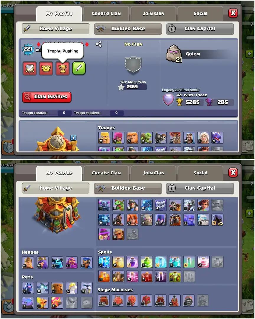 [HIGH EQUIPMENT] TH16 MAX TYPE ➤NC YES ➤2569 WS ➤HEROES: 81-85-62-57-31 ➤XP-221 ➤2500 GEMS ➤6 BUILDER ➤GOLDEN WALL ➤FULL ACCESS