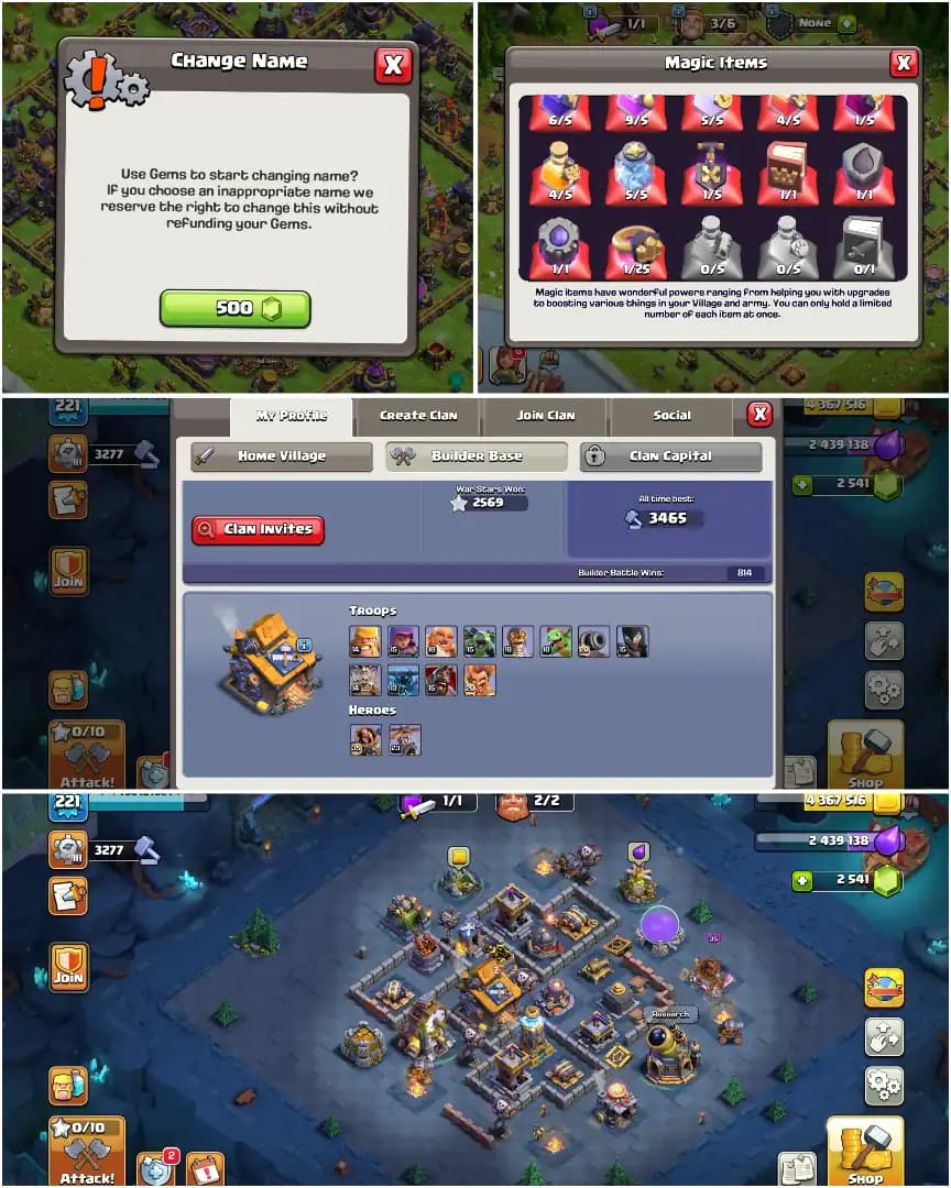 [HIGH EQUIPMENT] TH16 MAX TYPE ➤NC YES ➤2569 WS ➤HEROES: 81-85-62-57-31 ➤XP-221 ➤2500 GEMS ➤6 BUILDER ➤GOLDEN WALL ➤FULL ACCESS