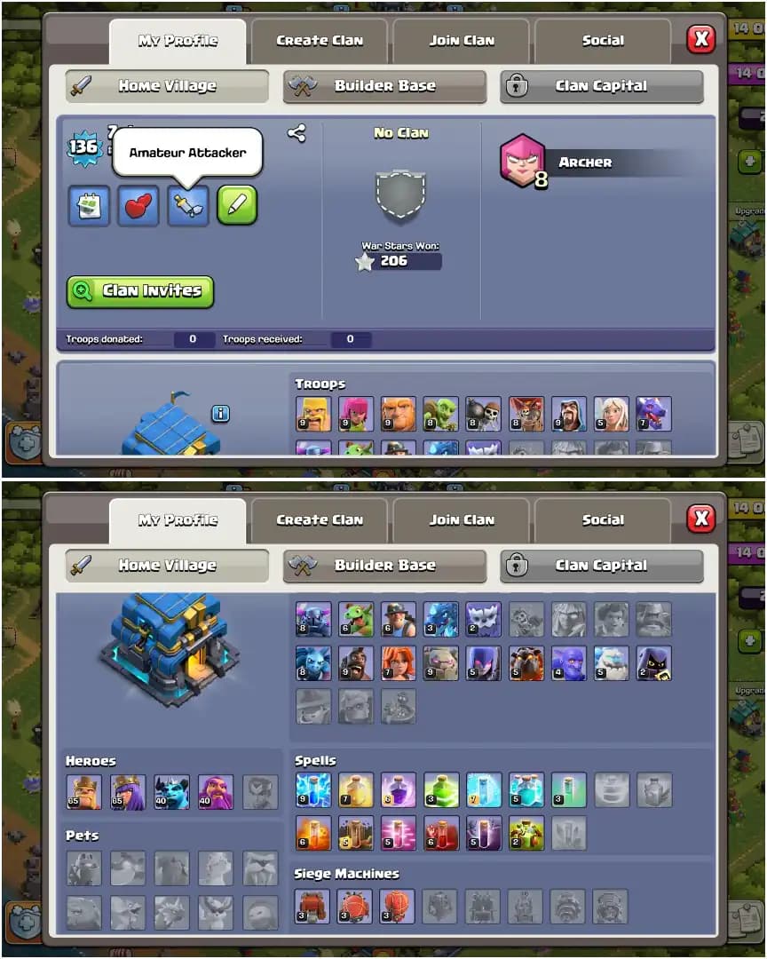 TH12 FULL MAX ➤200% MAX ➤2200+GEMS ➤NOTHING LEFT ➤HEROES: 65-65-40-40 ➤NC FREE ➤201 MEDALS ➤ALL EQUIPMENT ➤206 WS ➤XP-136 ➤EMAIL CHANGE AVAILABLE