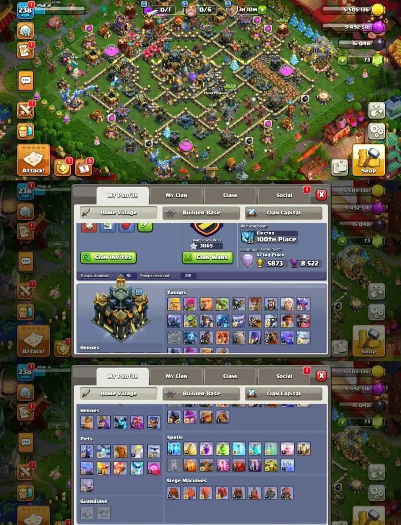 476 Rank || TH/17 Global  || 5 hero Max || 100% Max Wall & Dfc & Profile || Nc Yes || Paid Scenery || Huge Hero Skin || Full Access