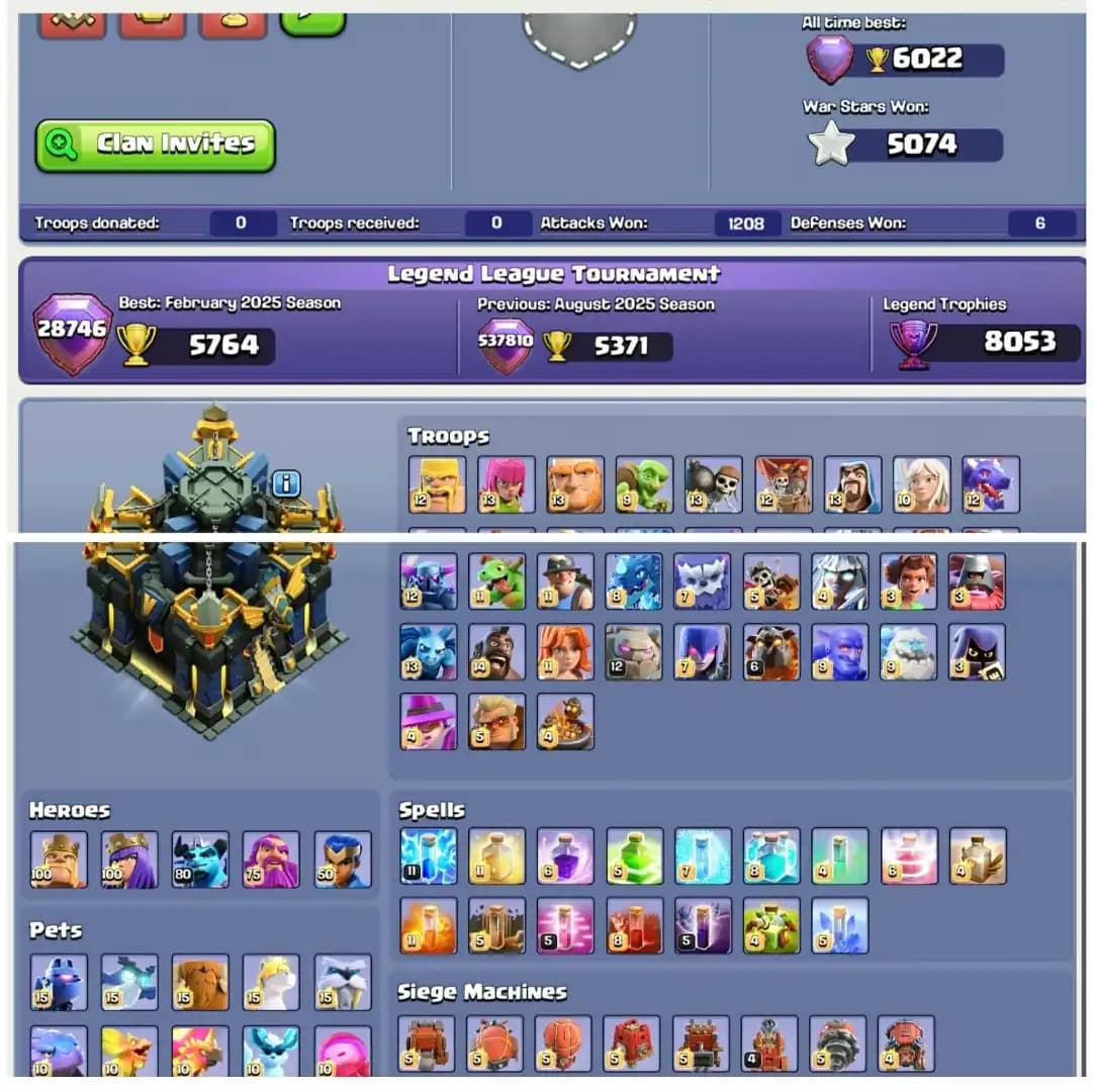 [Cheapest] TH 17 99% MAX |274 XP | All Max Equipment | Max Hypercharge | Heros: 100/100/80/75/50 | Max Builder Hall | 13× Hero Skin | QUICKLY Delivery