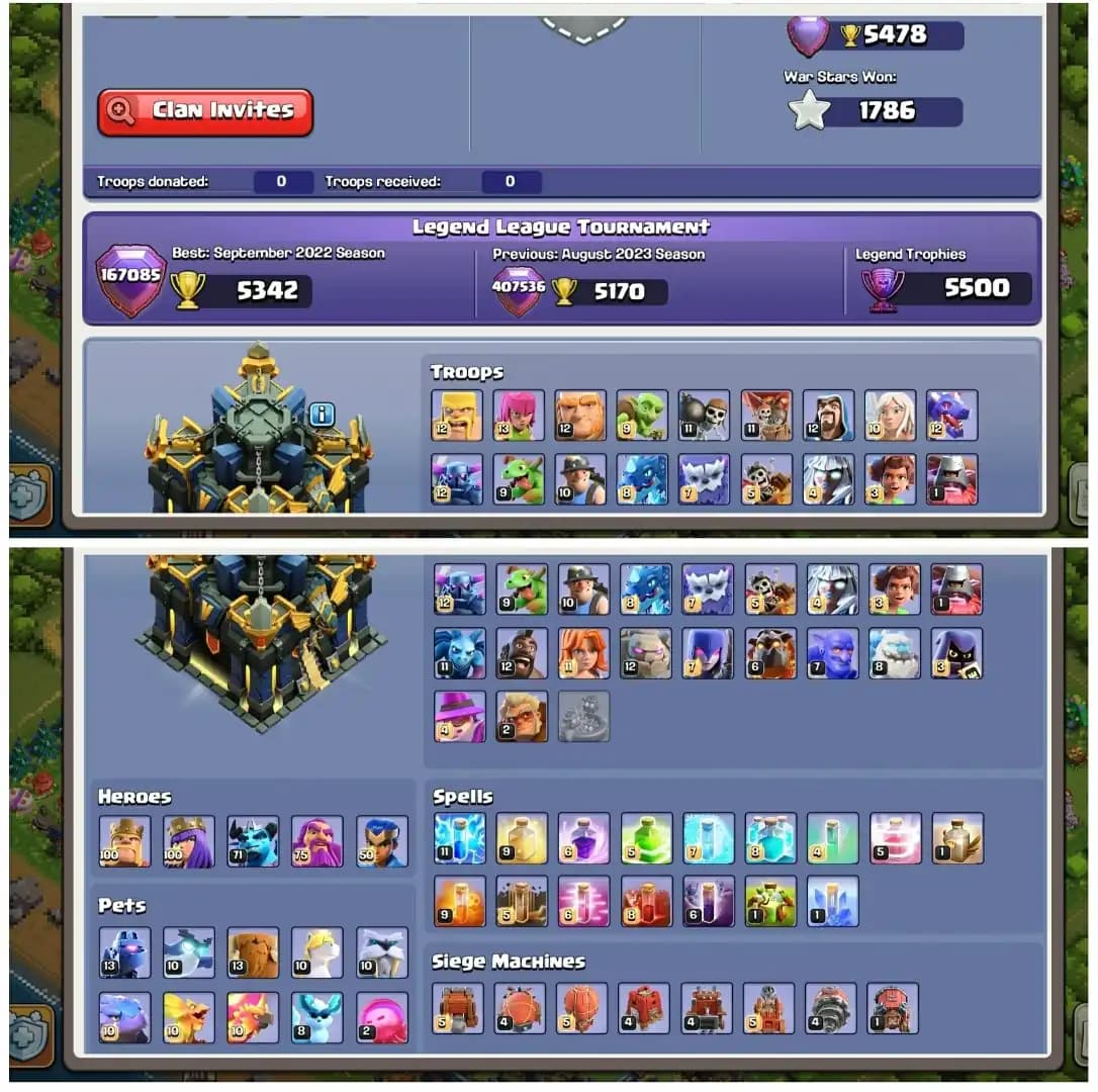 [Cheapest] TH 17 Almost Max || 4 HERO MAX || Max Troops || 244 XP || FULL LOADED TREE || B.B Max || Nc Yes || Full Access || Heroes: 100+100+71+75+50