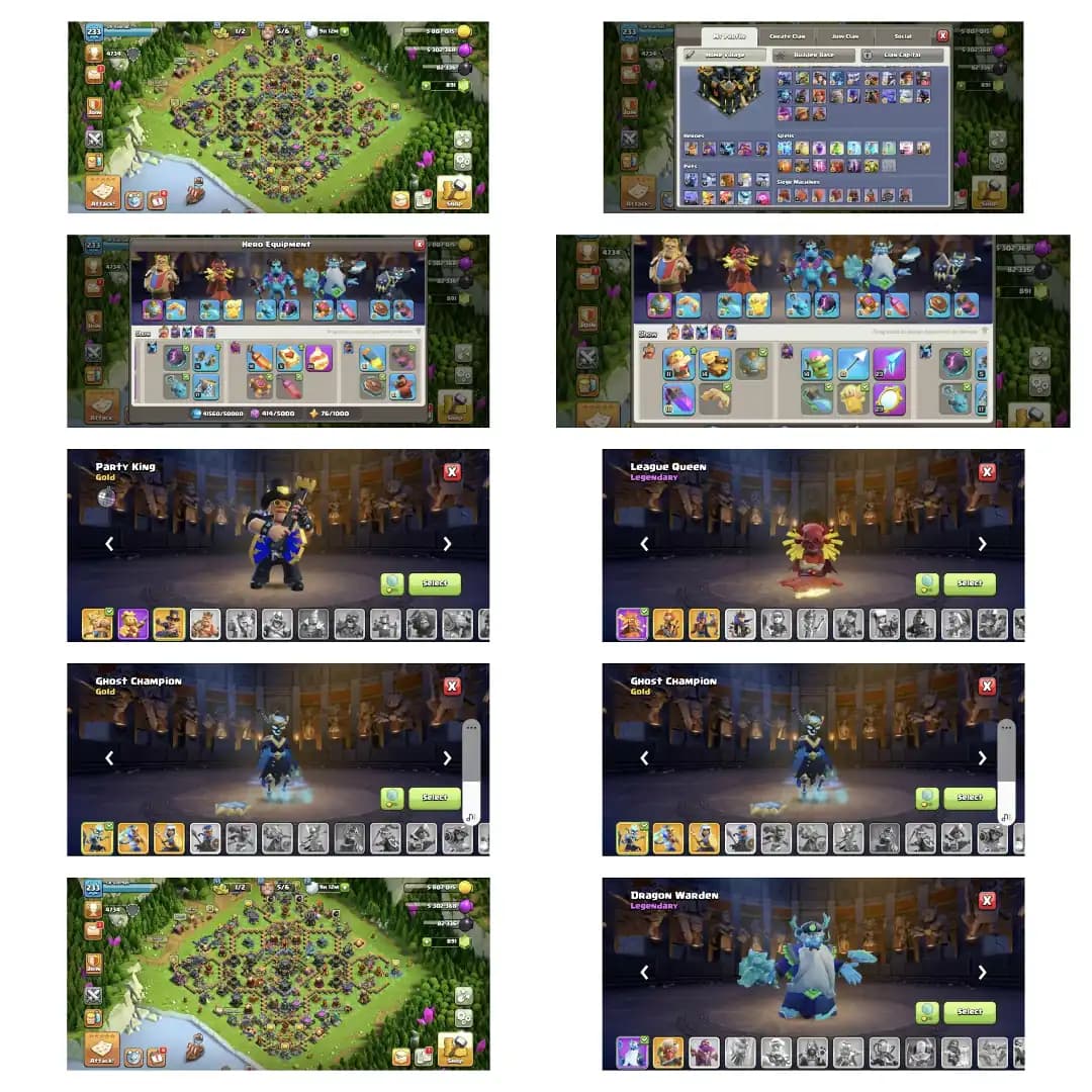 League set➤th 17 full max➤heros 62_95_72_75_27➤100% main defence max➤10 hero skin➤lots of magic items➤high equipment