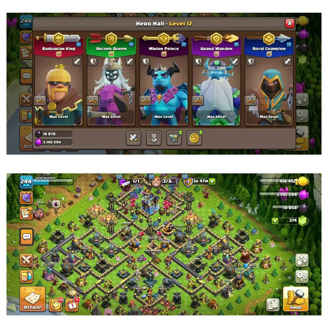 [Super Deal] Th18 Full Max➺Hero:105-105-95-80-55➺All Defence Max➺Email Change Yes➺100X Walls Max➺Max Equipments➺NC Free➺16X Skins➺XP-244