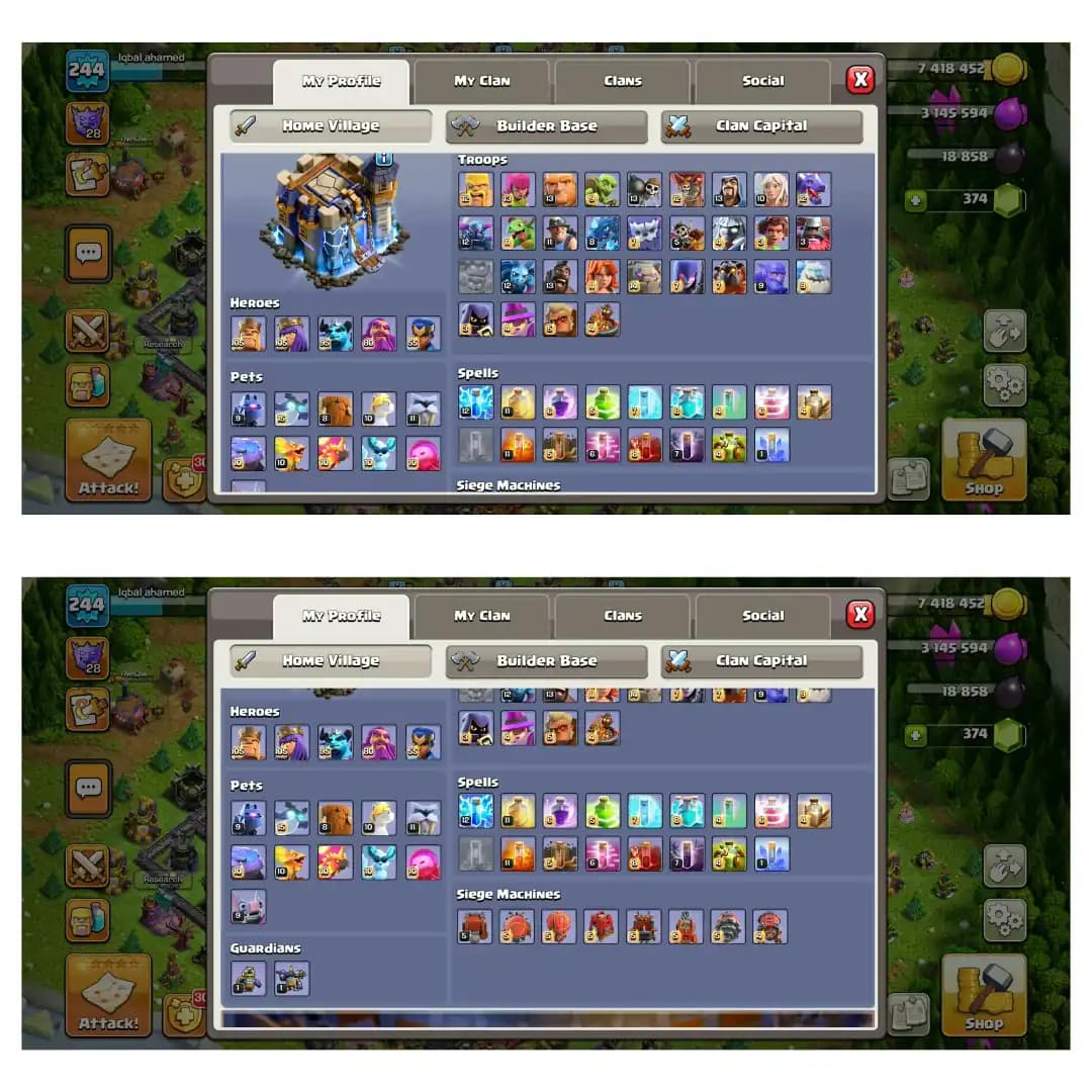 [Super Deal] Th18 Full Max➺Hero:105-105-95-80-55➺All Defence Max➺Email Change Yes➺100X Walls Max➺Max Equipments➺NC Free➺16X Skins➺XP-244
