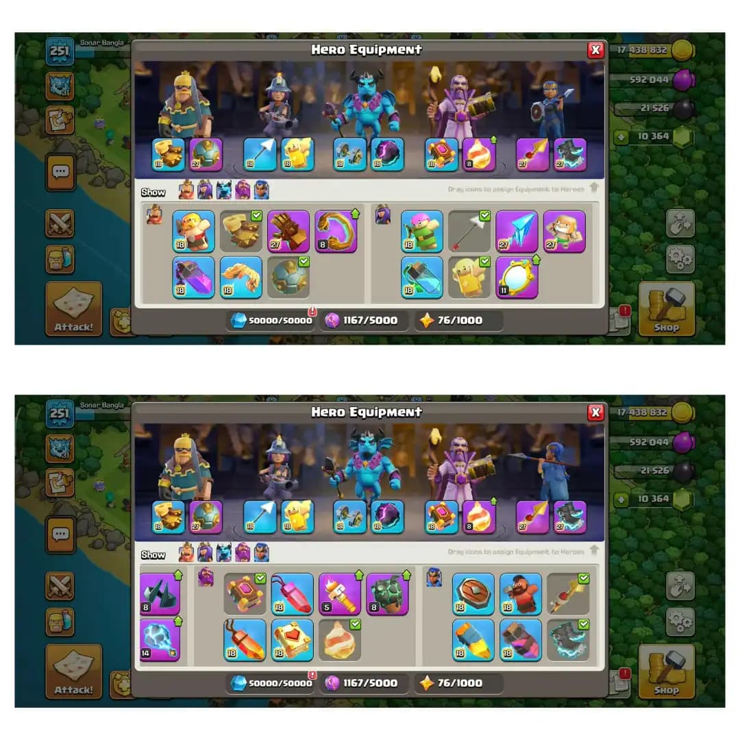 Gems-10367 ➺Stacked Th18 Max➺Hero:105-105-95-80-55 ➺125 Walls Max [Lvl-19]➺6 Epic Equipments Max ➺CWL-379 ➺Email Change Avl