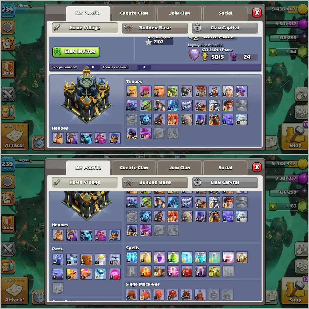 BEST OFFER✦TH 17 VERY GD ACC✦HERO|91|91|73|69|35✦ HIGH DFC AND PROFILE✦6B ✦HIGH PET SIEGE✦7 HERO SKIN✦HIGH WALL