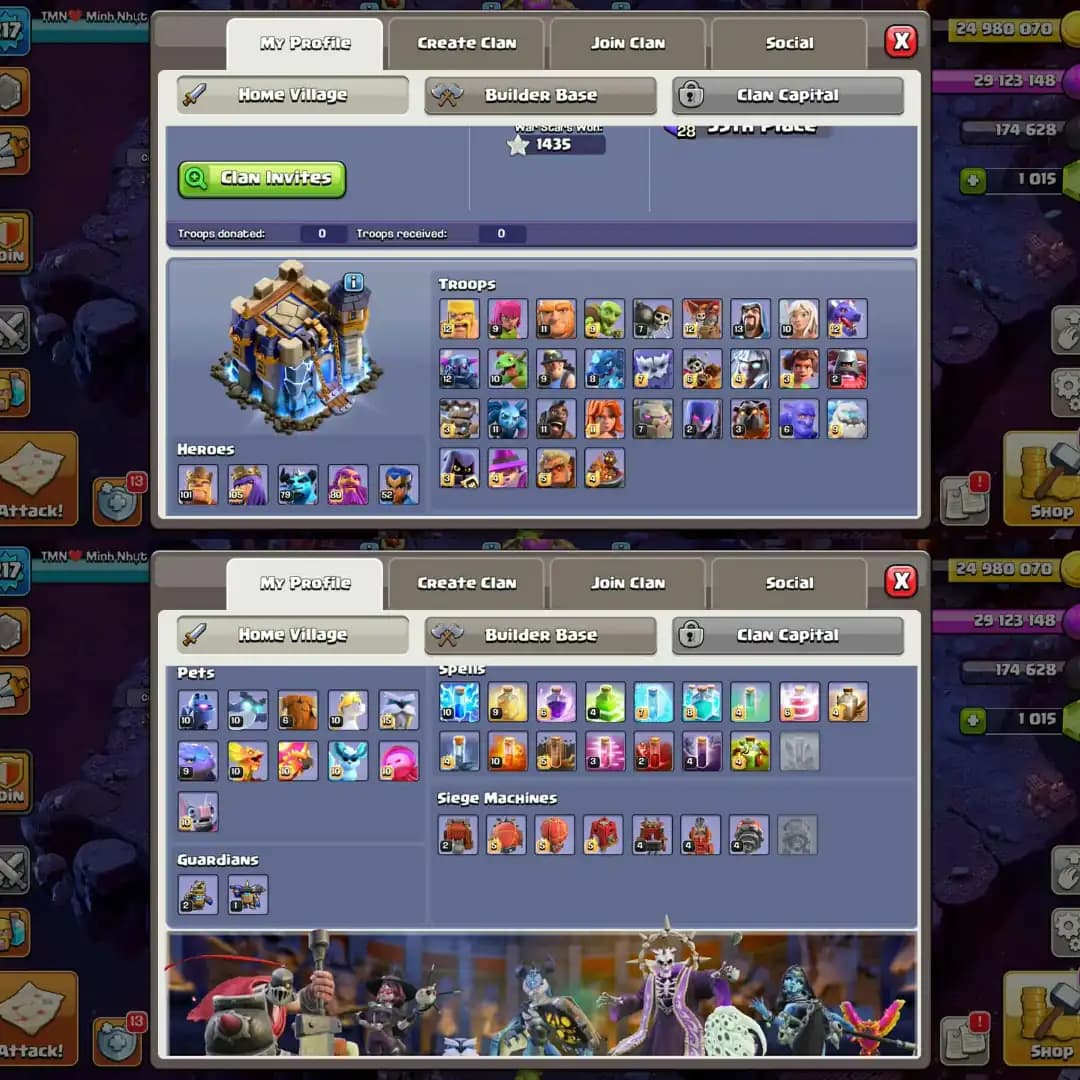 【Demanded Cosmic Set】➽Th18 Full Max➽【Hero➾105/105/80/55】➽12 Gear Epic Max➽Very Rare Account➽Full Ownership➽Instant Deliver➽
