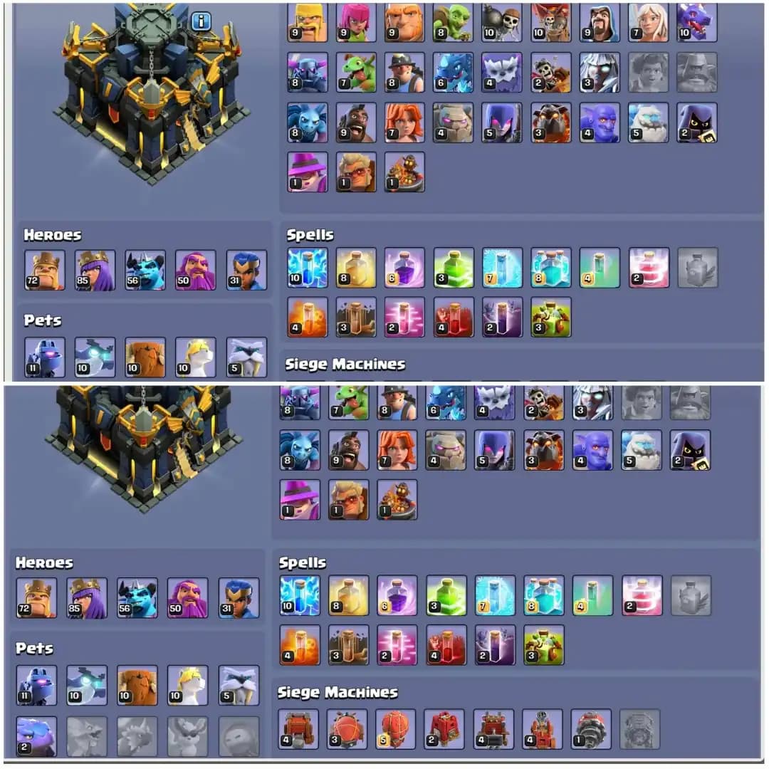 Th17 Super Account➤➤Heros:72-85-56-50-31➤➤7 Epic Equipment➤➤4 Epic Almost Max➤➤6th Builders➤➤1200 Gems➤➤Exp:209