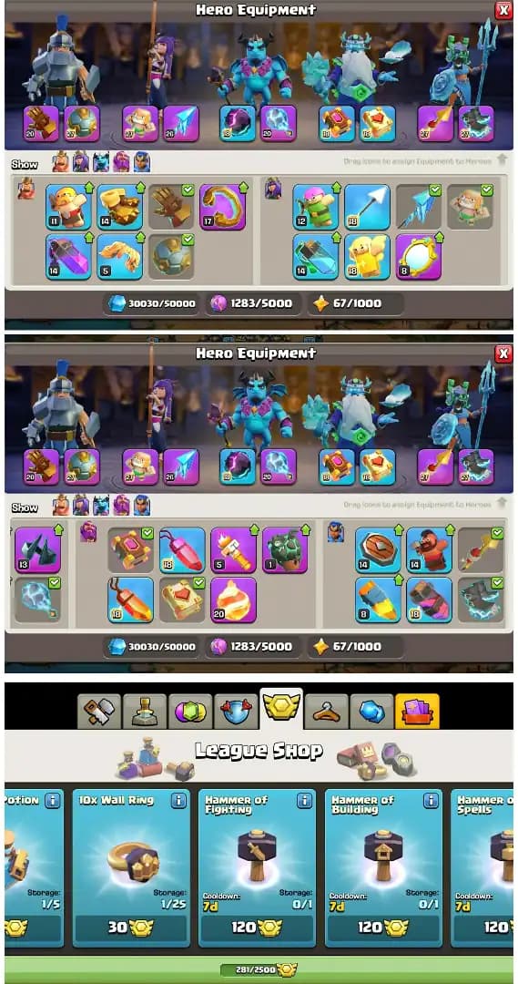 [Cheapestl TH 18 ➤3 HERO MAX ➤Max Equipments ➤Heros: 100/105/82/80/55 ➤20× Hero Skin ➤280+ Cwl Madel [QUICKLY DELIVERY]