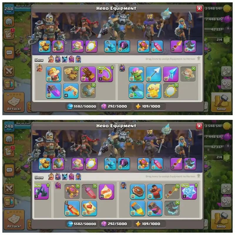 [6 Epic Max]➤➤11 Epic Equipment➤➤Th18 5Heroes with wall max➤➤16 Heroes Skin➤➤WS 4429➤228 Cwl medals➤Lots of magic items