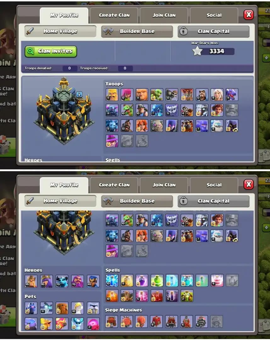 [Super Deal] Th17 Luxury Account ||Heros:95-95-70-70-45 ||7 Pet Max ||Free Nc ||Statue Obstacles Decorated ||3334 Ws ||2850 Gems ||Exp:235