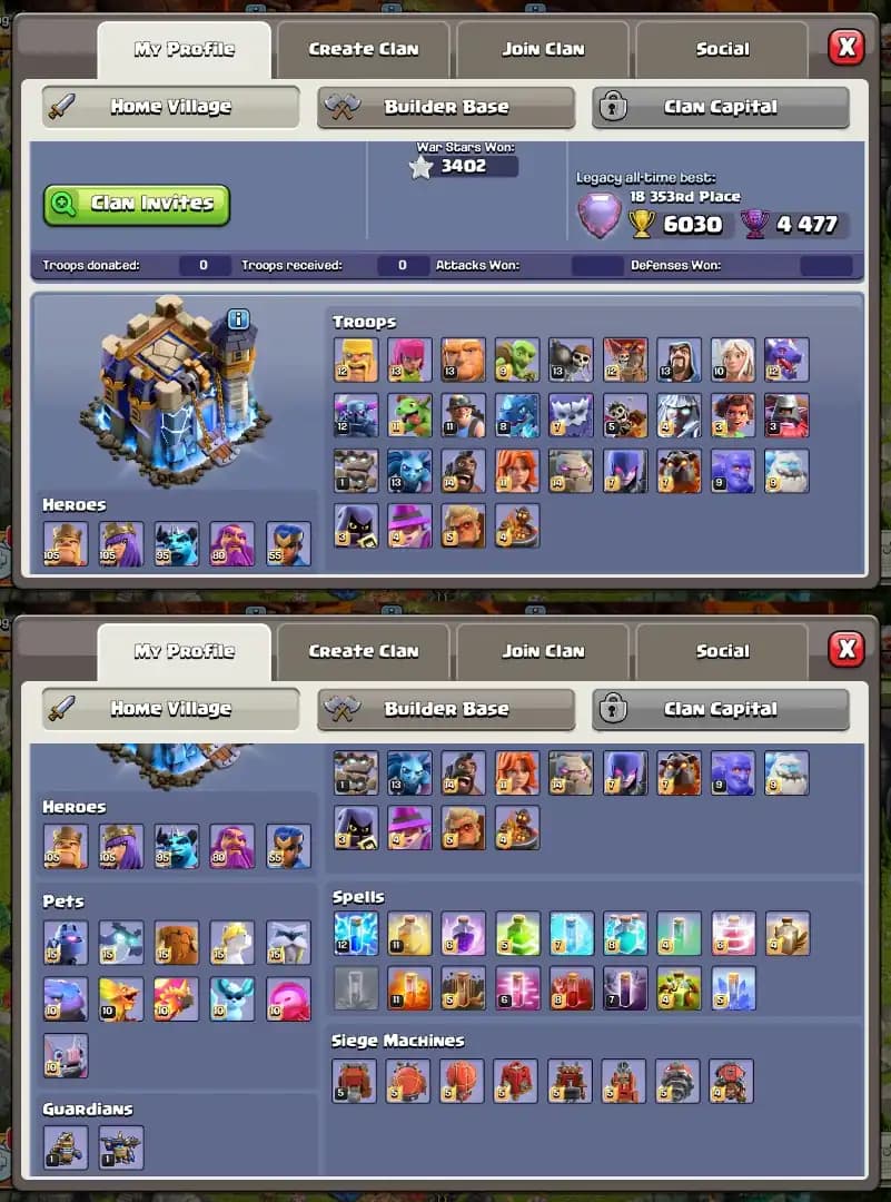 Th18 Fully Max ➤5 Heros 100% Max ➤9 Epic Equipments Max ➤XP-260 ➤Wall Max ➤Base+Profile Max ➤BH-Max ➤Best Skins+Scenary | Full Access
