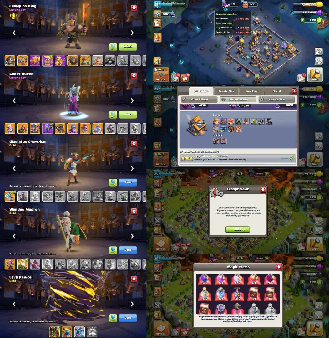 Th18 Fully Max ➤5 Heros 100% Max ➤9 Epic Equipments Max ➤XP-260 ➤Wall Max ➤Base+Profile Max ➤BH-Max ➤Best Skins+Scenary | Full Access