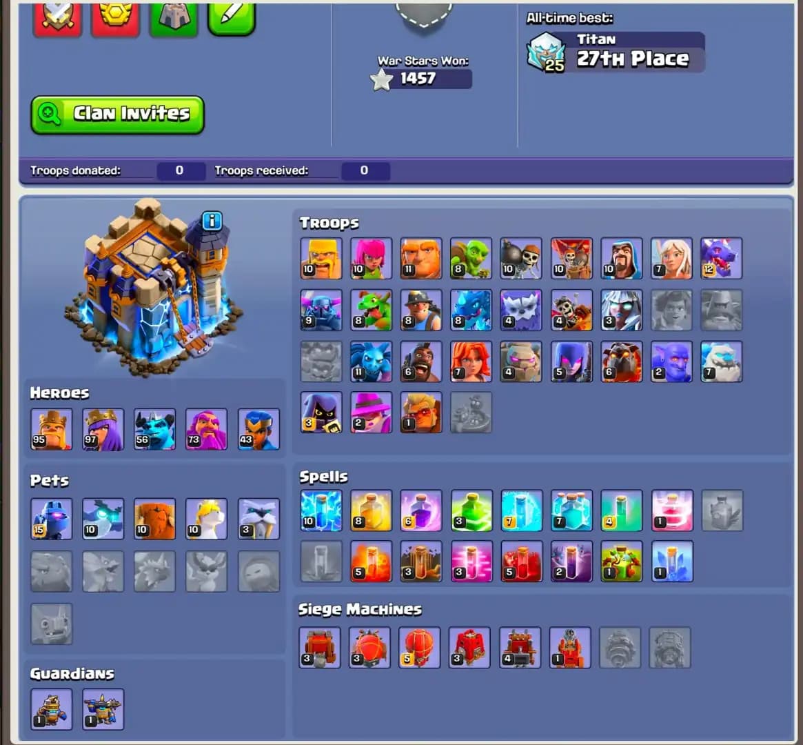 [Full Access] Th18 Almost Max [Max Type Wall] [2 Epic Max+3 Epic 26 Lvl] Heroes: 95-97-56-74-44 | 8x Skin | High Dfc | Xp-176 | Good Troops