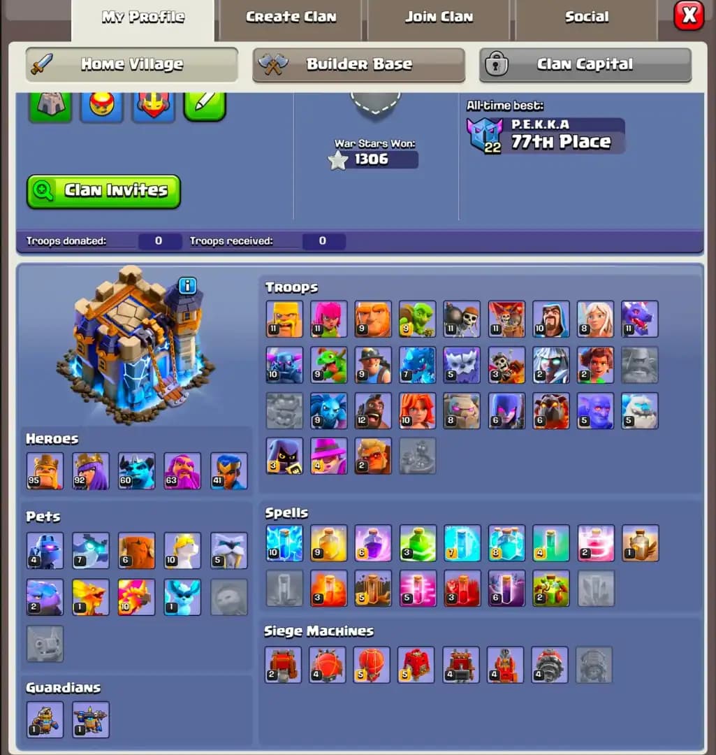[Super Best Deal] [3 Epic Max+Others High] Th18 Near Max | Heroes: 95-92-60-63-41 | Huge Tree | Golden Wall | B.B Almost Max | Xp-217 | 7x Skin