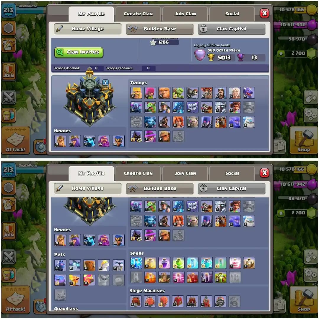 MOST DEMANDING TH 17 ACC✦NC YES✦HERO|71|71|51|55|30✦831 C WL✦YELLOW WALL✦HIGH DFC✦9X HERO SKIN✦HIGH EPIC✦SUPERB PROFILE✦HIGH PET AND SIEGE