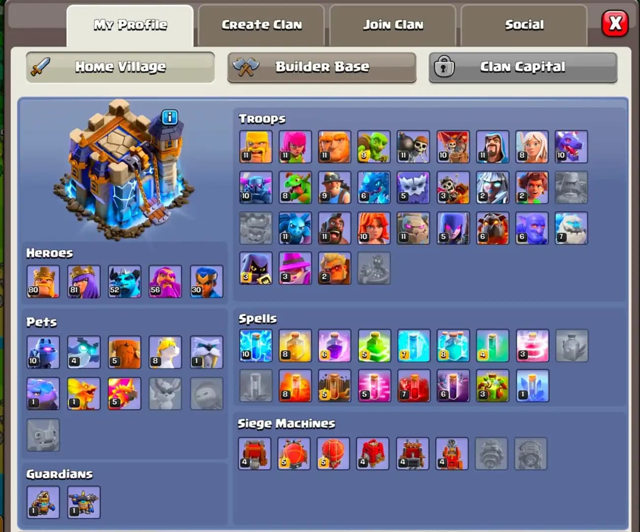 [4 EPIC 21 LVL] TH18 NEAR MAX [ALL ELIC] GOLDEN WALL | HEROES: 80-81-52-56-30 | XP-197 | HIGH TROOPS + DFC | 6B | 7X SKIN | FULL ACCESS