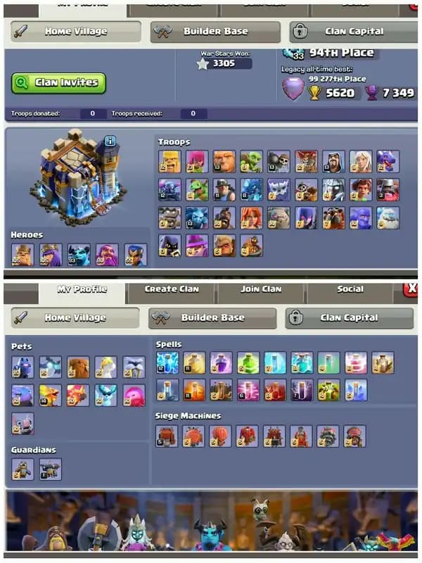 [Builder's Apprentice Max]➤➤Th18 5 Heros Max➤➤5200 Gems➤➤989 Cwl Medals➤➤14 Epic 11 Epic Almost Max➤➤Loaded Gp➤➤Free Nc