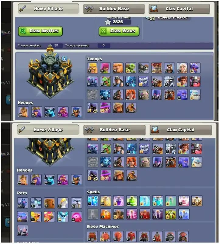 [4 Leauge Skins With War Arena]➤➤Th18 World Best➤➤Heros:80-100-78-68-46➤5.5k Gems➤772 Cwl Medals➤Clash of Dragon Scenary