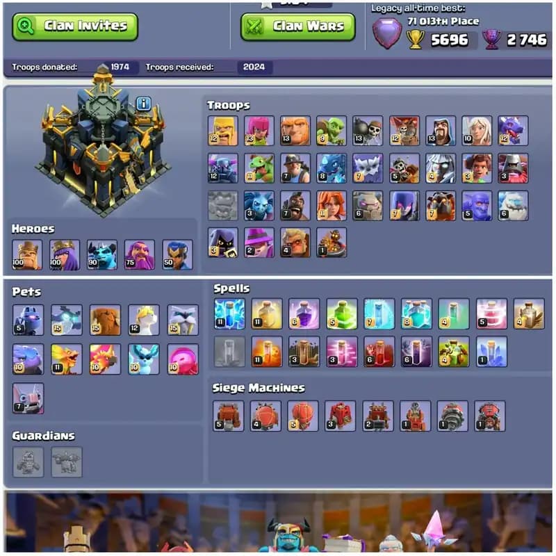 [4 Leaugue Skins]➤➤Th18 Exclusive Account➤➤8 Epic Almost Max➤➤Heros:100-100-90-75-50➤➤4400 Gems➤➤Nc Available➤➤Exp:231