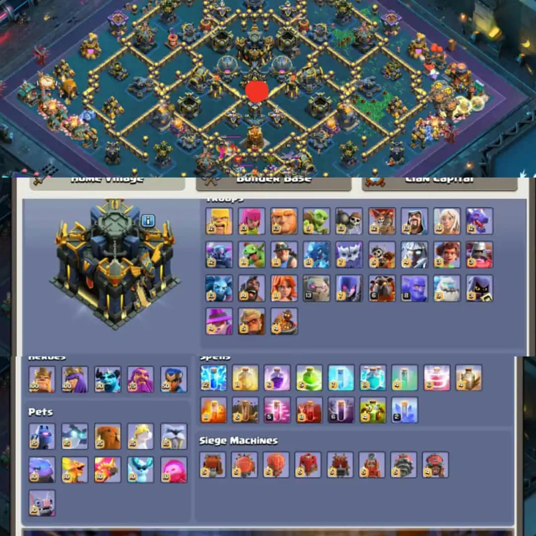 [Ready To Th18]➤Th17 Max 100%➤[5 Hero Max]➤[All Equipment Full Max]➤Xp➾277➤Builder Base Max➤Nc Available➤Full Ownership➤