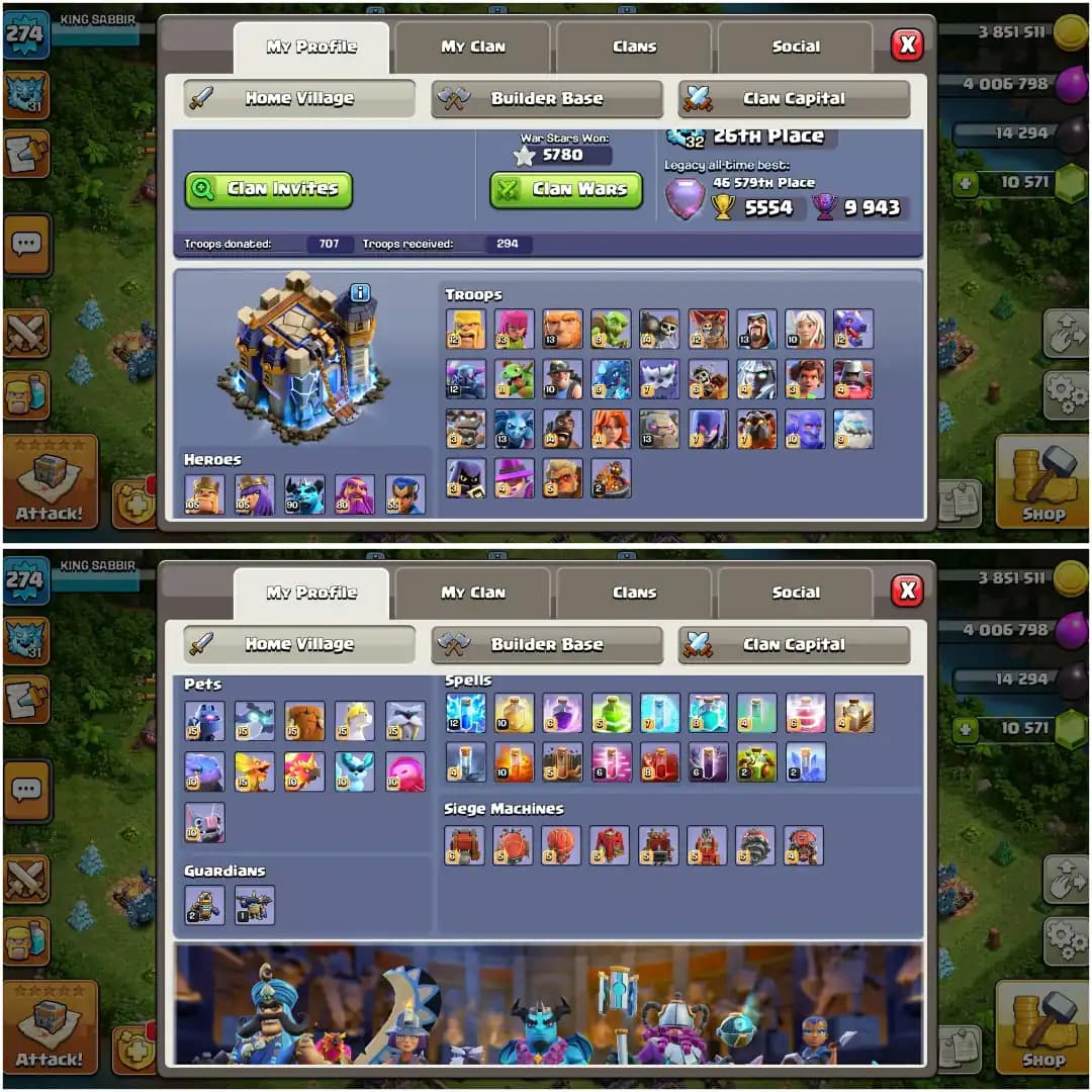 [10000+Gems Available] Th18 Fully Max | Xp-274 | 5 4 Heroes Max | Max Profile | 5780 High Ws | Max Equipment | Nc Yes | 900 Cwl Medals | Full Access