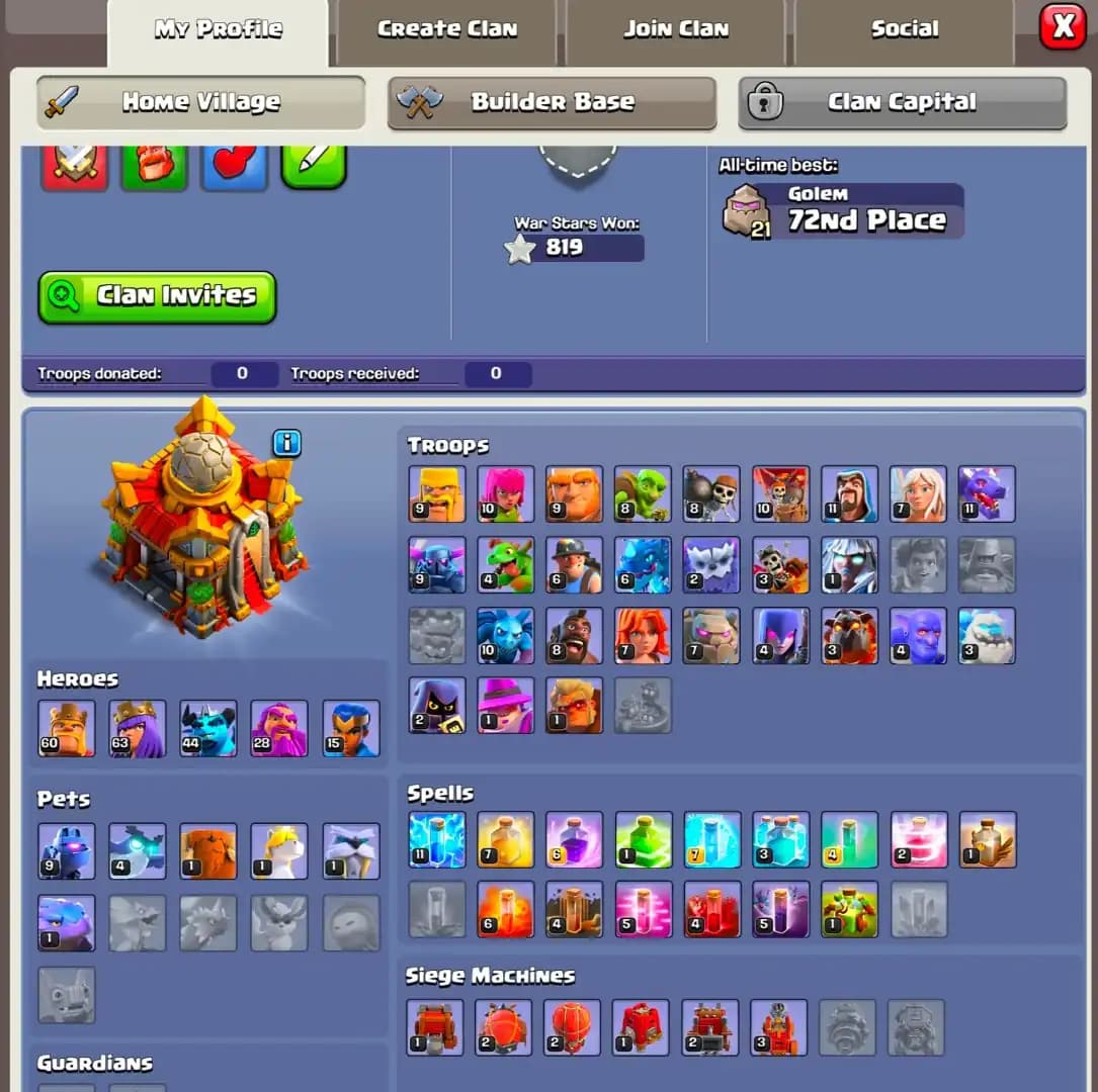 [Cheapest Offer] Th16 Great Donation | Strong Defence | Heroes: 60-63-44-28-15 | Xp-173 | 819 Ws | Good Pets | Siege + Troops Unlock | Fulk Access