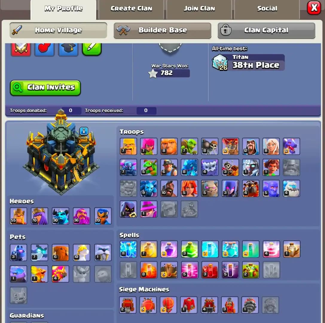 [Best Deal] Th17 Great Account [4 Epic Lvl 23] [Nc Free] Heroes: 55-70-30-36-20 | High Defence | Profile Unlock | Xp-159 | Blue Wall | Full Access