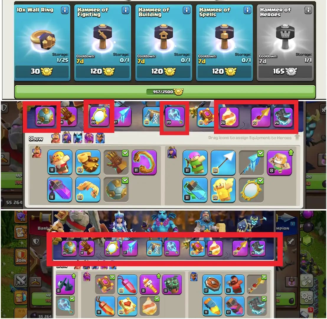 [1 EPIC MAX +3 EPIC 26 LVL +3 EPIC 20 LVL] TH18 NEAR MAX [4000 GEMS] HEROES: 81-81-54-50-37 | MAX TYPE DFC | HIGH WALL | 900 MEDALS | NC YES | BEST DL