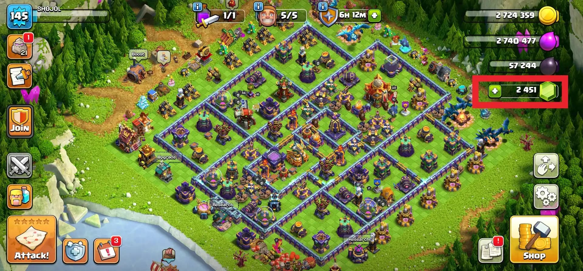 [NC FREE] TH16 NEAR MAX [FULL ACCESS] [5 EPIC LVL 20] HEROES: 75-85-49-49-30 | PURPLE WALL | 2450 GEMS | HIGH DFC | JOSS TROOPS | XP-145