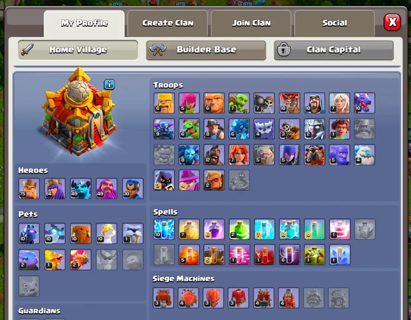 [NC FREE] TH16 NEAR MAX [FULL ACCESS] [5 EPIC LVL 20] HEROES: 75-85-49-49-30 | PURPLE WALL | 2450 GEMS | HIGH DFC | JOSS TROOPS | XP-145