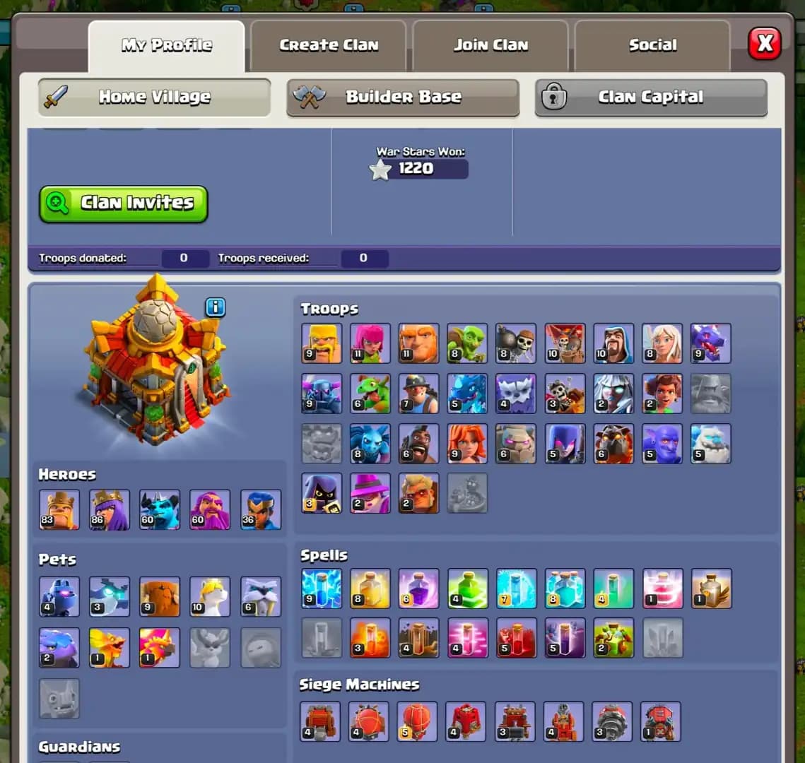 [1200+ Cwl Medals] Th16 Near Max [Best Deal] Nc Yes | Heroes: 83-86-60-60-36 | 2300 Gems | Golden Wall [E Epic 20+ Lvl] Full Access | Joss Profile