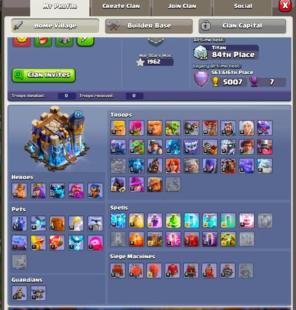 [OLD OBSTACLES] TH18 NEAR MAX | PURPLE WALL | XP-227 | HEROES: 82-88-62-65-37 | NC YES | 1962+WS [ALL EPIC AVL] 8X SKIN | 2050 GEMS | FULL ACCESS