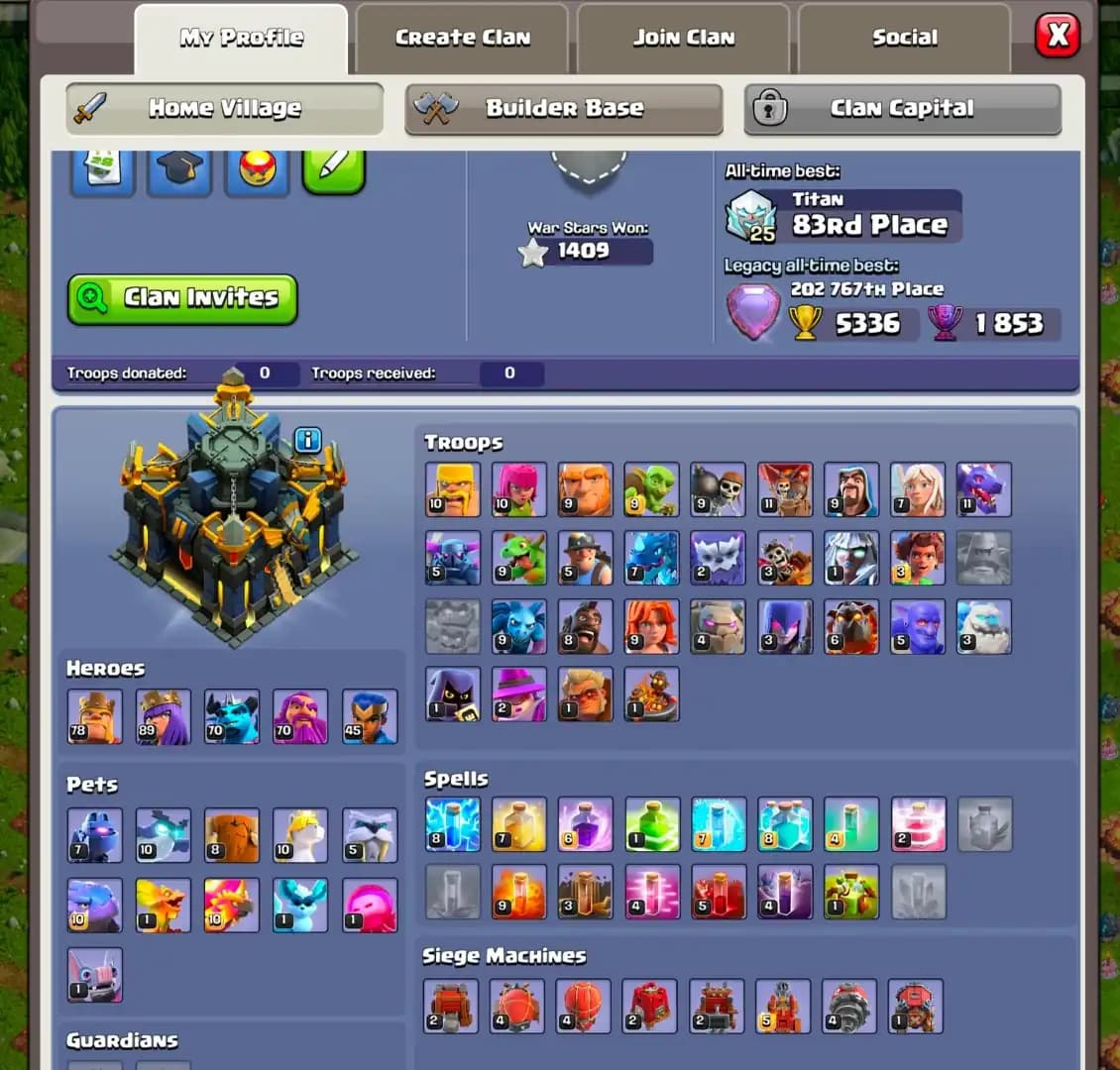 [ALL EPIC] TH17 NEAR MAX ➤PURPEL WALL ➤EPIC HIGH ➤ HEROES: 78-89-70-70-45 ➤XP-225 ➤1400 WS ➤HIGH DFC ➤NC YES ➤BEST TROOPS ➤ FULL ACCESS