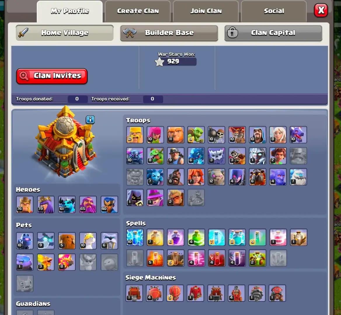 [BEST OFFER] TH16 NEAR MAX ➤PURPLE WALL ➤NC YES ➤HEROES: 76-79-61-65-40 ➤XP-191 ➤FB-23|FA-20|MM-20|SB-17|GG|EB|LP ➤FULL ACCESS | BEST TROOPS