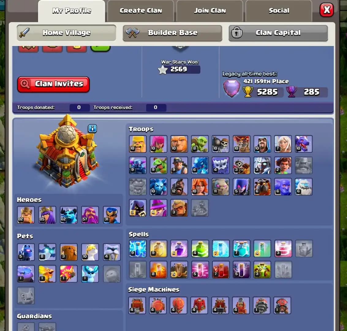 [HIGH EQUIPMENT] TH16 MAX TYPE ➤NC YES ➤2569 WS ➤HEROES: 82-85-62-57-31 ➤XP-221 ➤2600 GEMS ➤6B ➤GOLDEN WALL ➤FULL ACCESS | HIGH DFC